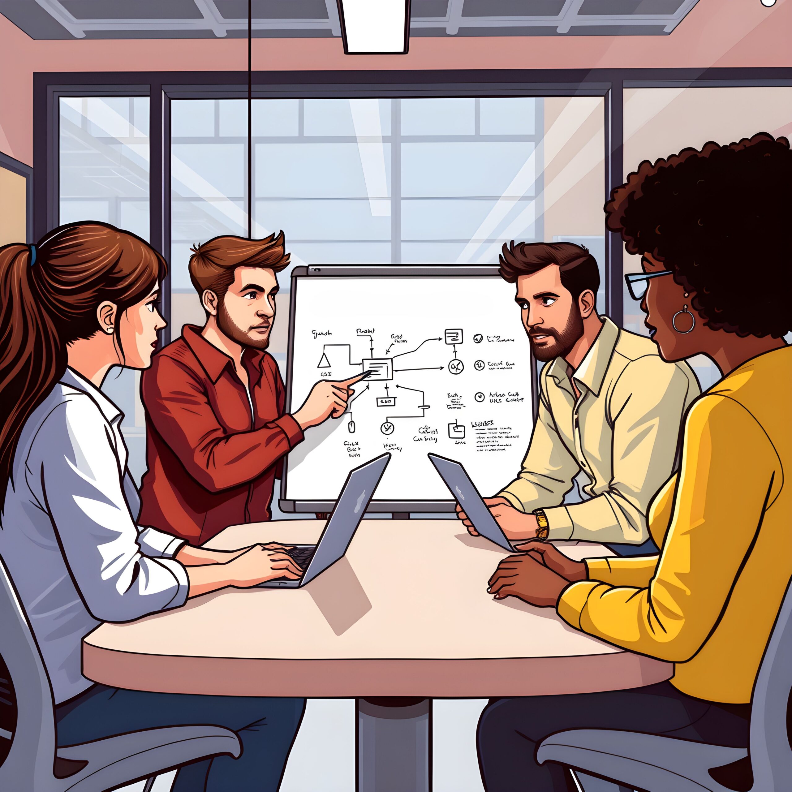illustration of developers gathered around a conference table